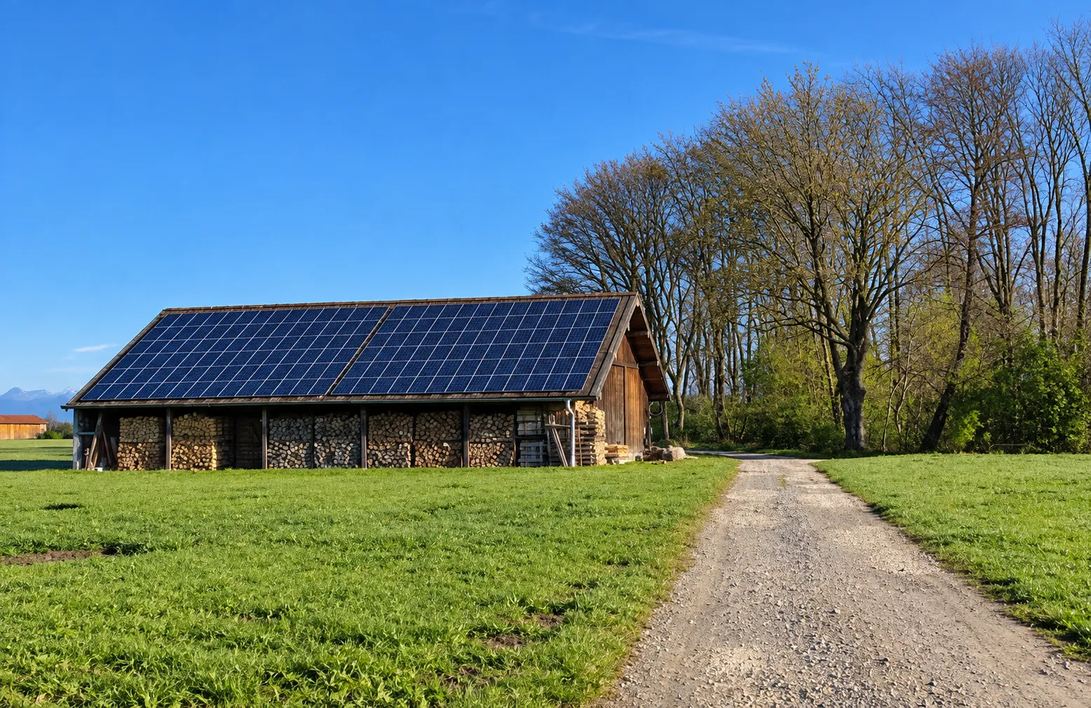 Solar panels on a rural outbuilding